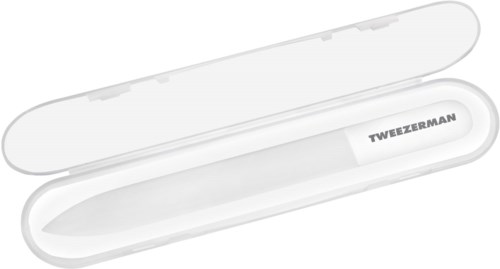 A white case for tweezers with the brand name "TweezerMan" inside. The case is open and empty.