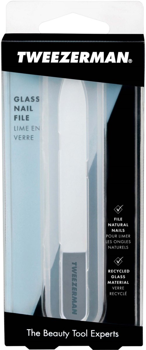 A Tweezerman nail file package with a white glass nail file and black, white, and blue text and branding.