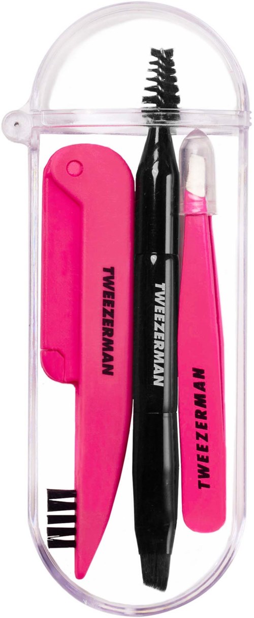 Set of pink and black travel-sized Tweezerman grooming tools in a clear plastic case.