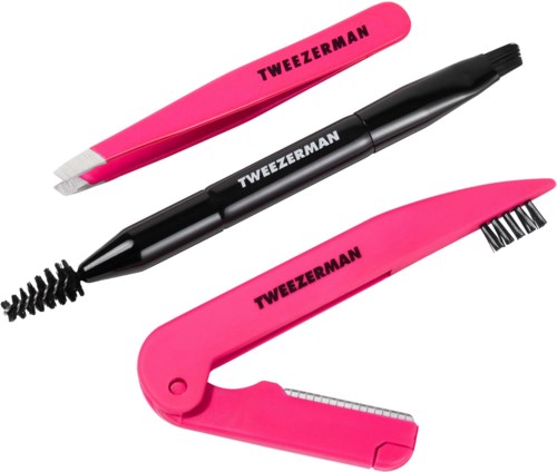 A pink multi-purpose tool with a handle and brush, a black pen with a twistable tip, and a pink tool with a small brush.