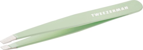 Light green Tweezerman tweezers with white tips and brand name on the handle.