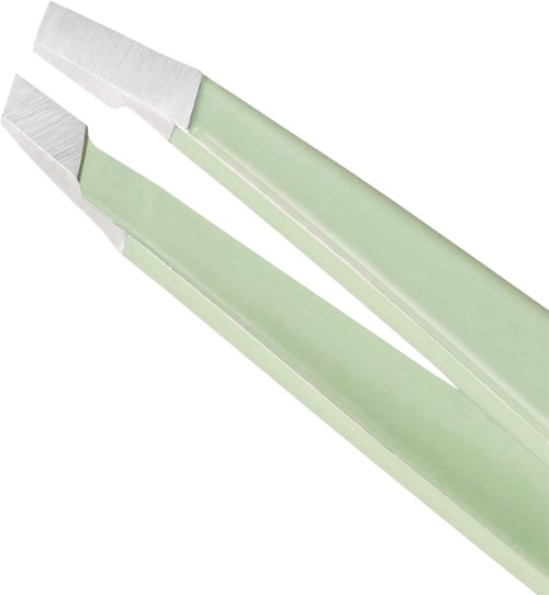Two pair of light green tweezers with flat metal tips.
