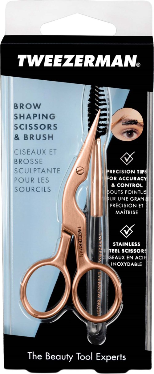 Packaging for brow shaping scissors and brush from Tweezerman, including a black handle and curved design.