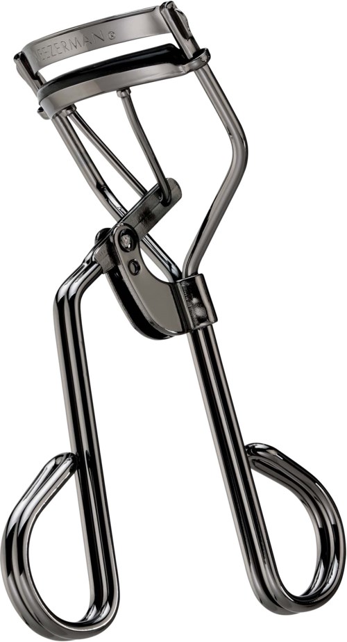 A metal eyelash curler with a curved grip and a top clamp for curling eyelashes.