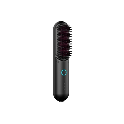 Eine schwarze beheizte Haarbürste mit einem leuchtend blauen Knopf und mehreren Temperatureinstellungen.