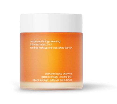Een ronde pot met oranje en witte kleuren, aangegeven als voedende reinigingsbalsem en masker 2 in 1.