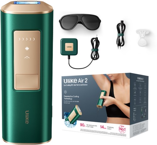 Ein grüner und goldener Eis-Therapie-Gerät mit Sonnenbrille, Ladegerät, Fernbedienung und Reinigungsbürste, sowie Verpackung mit Anweisungen.