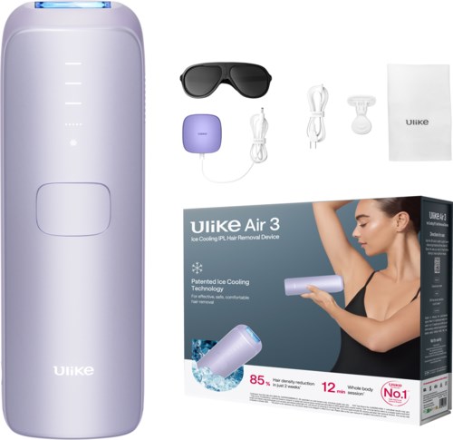 En kylning enhet med tillbehör, en kvinna som visar hur den används, och förpackning med produktdetaljer och funktioner.