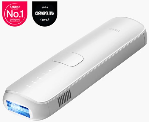 Ein weißes Gerät mit einem blauen Licht an einem Ende, schlank und gebogen, bekannt als UV- Sterilisator.