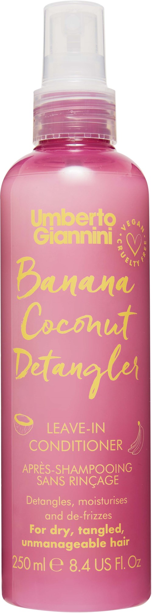 A pink bottle of leave-in conditioner labeled 'Banana Coconut Detangler' for dry, tangled hair.