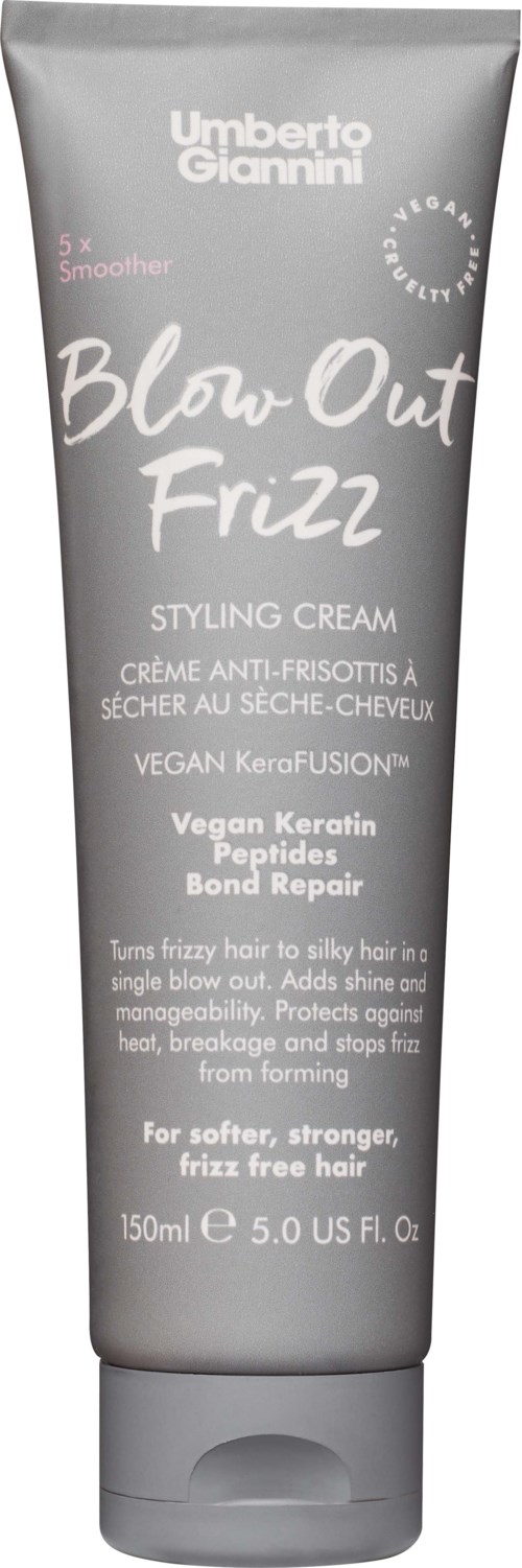 Gray tube with white text, product for hair, labeled 'Blow Out Frizz Styling Cream' by Umberto Giannini.