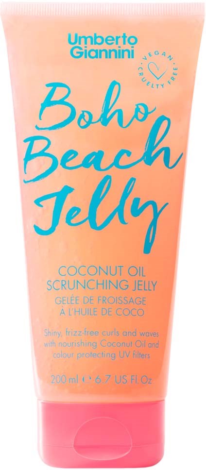 Ein korallenfarbener Tube mit Boho Beach Jelly, roter Kunststoffdeckel, blauer und oranger Text, beschreibt Kokosöl-Gelee.