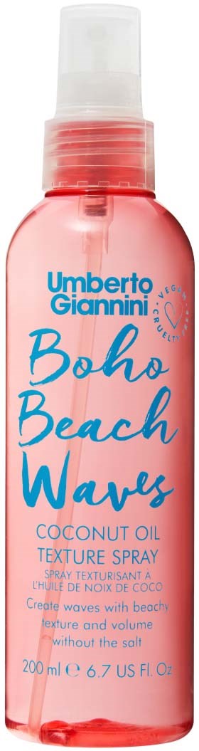 Pinkki pullo kookosöljytuotteesta nimeltä Boho Beach Waves, valmistaja Umberto Giannini.