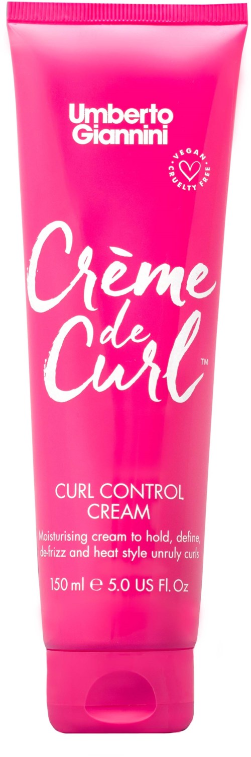 Pink tube of Umberto Giannini Curl Control Cream for curly hair. It claims to define and hold curls.