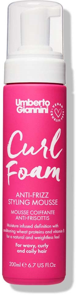 A pink bottle of Umberto Giannini Curl Foam for curly, wavy hair with a white pump. Contains 200ml.