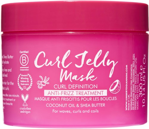 Rosa burk av Curl Jelly Mask för anti-friss, innehåller kokosolja och sheasmör, utformat för vågor, lockar och spiraler.