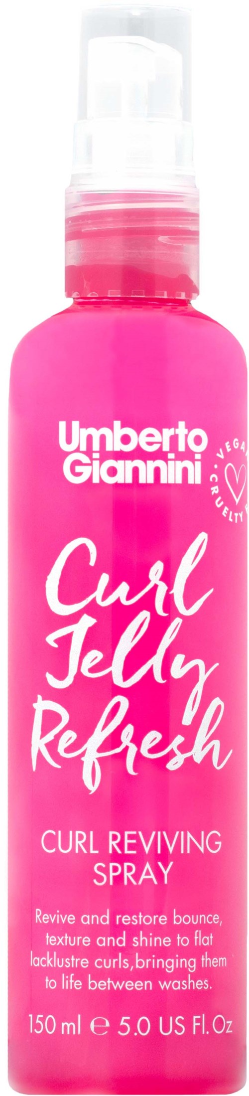 Pinkfarbene Sprühflasche mit 'Curl Jelly Refresh' von Umberto Giannini für lockiges Haar.