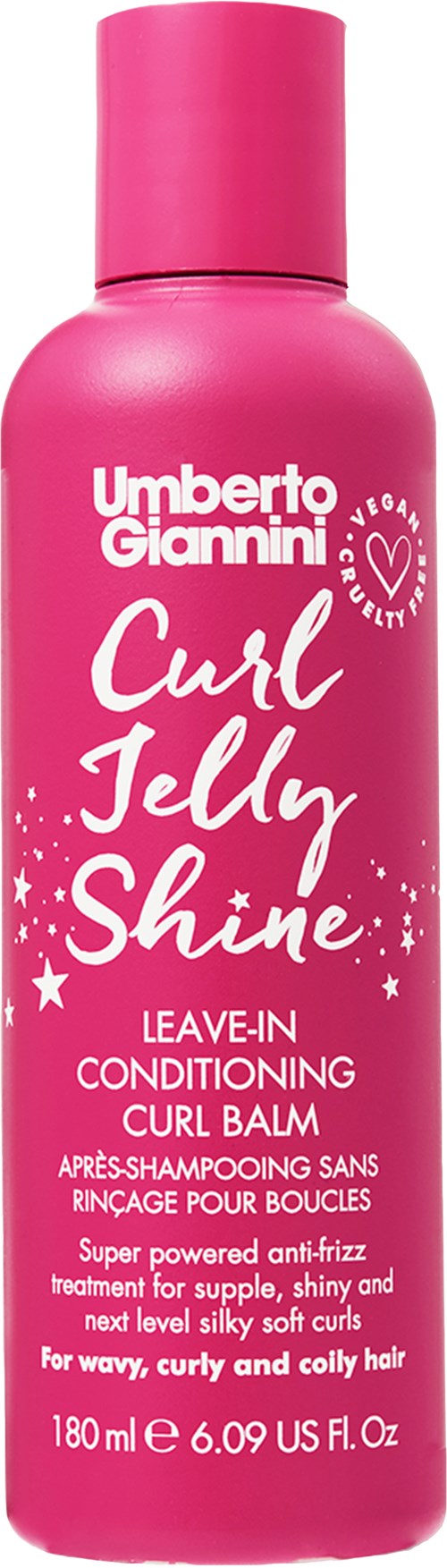 Vaaleanpunainen pullo Umberto Giannini Curl Jelly Shine hoitoaineella, jossa tähtiä ja tekstiä.