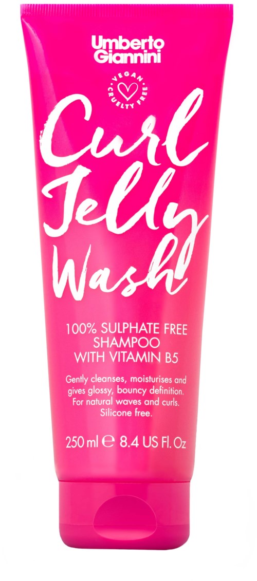 Hellrosa Tube mit White-Text, erwähnt Vitamin B5 und sulfatfreie Formel für Curl Jelly Wash.