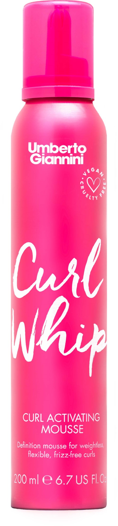 A pink bottle labeled 'Curl Whip' by Umberto Giannini, containing curl activating mousse for hair.