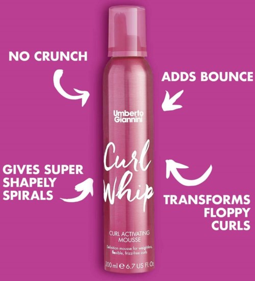 Pink can of curling mousse that adds bounce, no crunch, and makes soft curls with spirals.