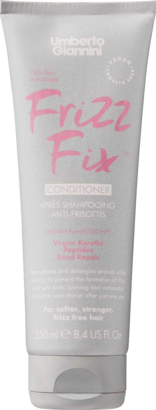 Eine Tube Frizz Fix Conditioner für Glättung und Anti-Frizz, mit pinkem und weißem Text, 250 ml.