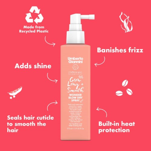 Rosa Sprühflasche mit Text zu Haarpflegevorteilen, Pfeile zeigen auf Funktionen wie Styling, Hitzeschutz und Recycling.