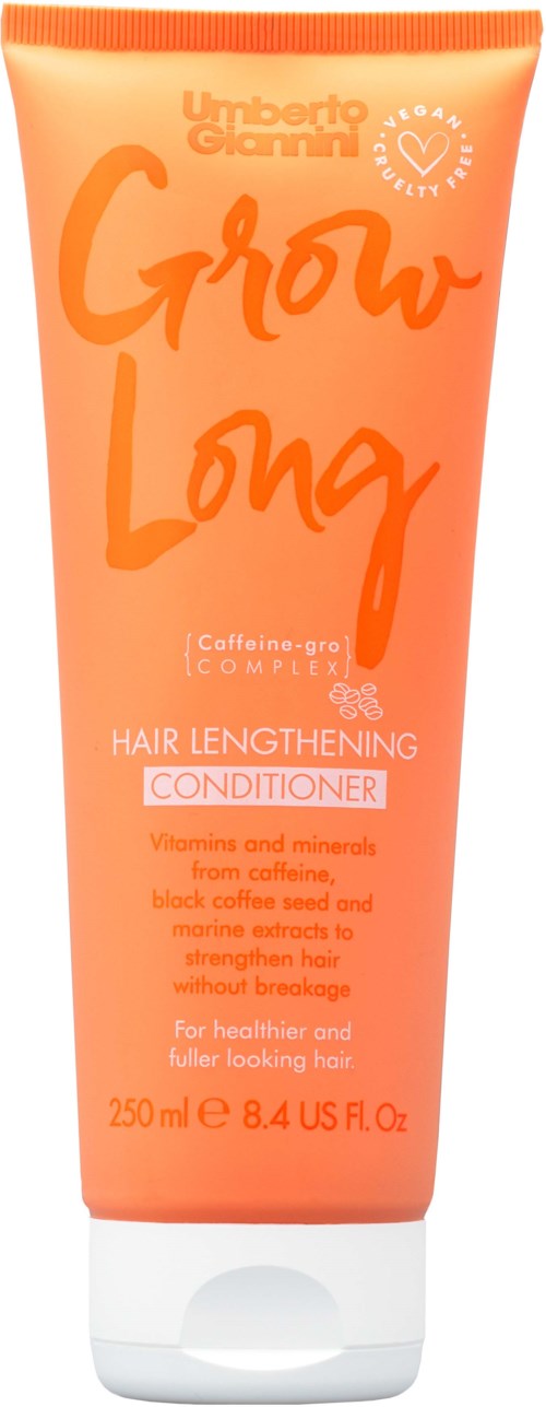 Orangenrote Tube mit der Aufschrift 'Grow Long' für Haarspülung, beschreibt Vitamine und Mineralien für Haarwachstum.