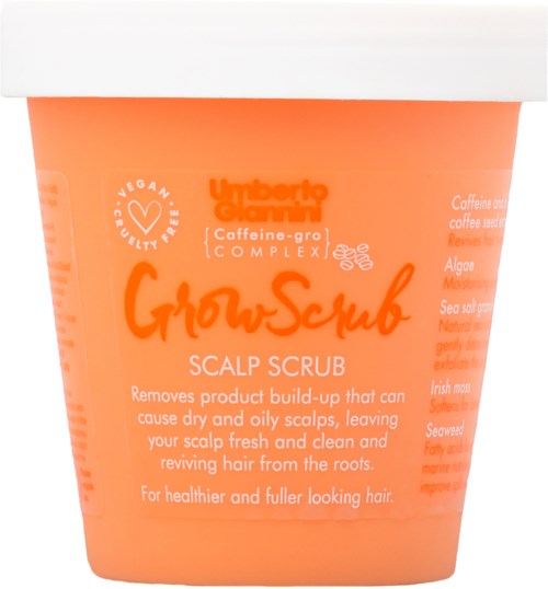 Oranger Behälter für GrowScrub Kopfhautpeeling, entfernt Öl und trockene Ablagerungen für gesünderes Haar.