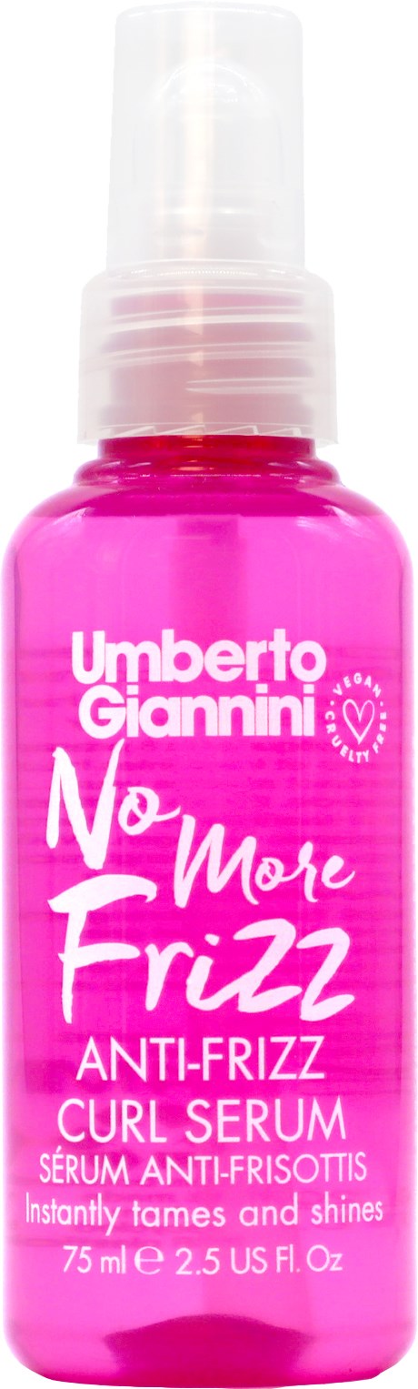 Pinkflasche mit Umberto Giannini No More Frizz Lockserum, 75 ml, zum bändigen und glänzenden Haar.