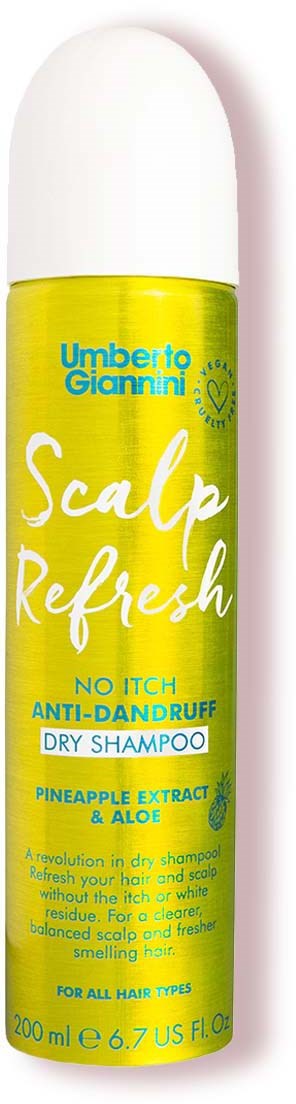 Eine gelbe Flasche Trockenshampoo mit weißem Deckel, gekennzeichnet "Scalp Refresh" gegen Juckreiz und Schuppen.