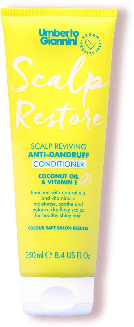 Eine leuchtend gelbe Tube namens 'Scalp Restore' für Haargesundheit mit Kokosöl und Vitamin E gegen Schuppen.