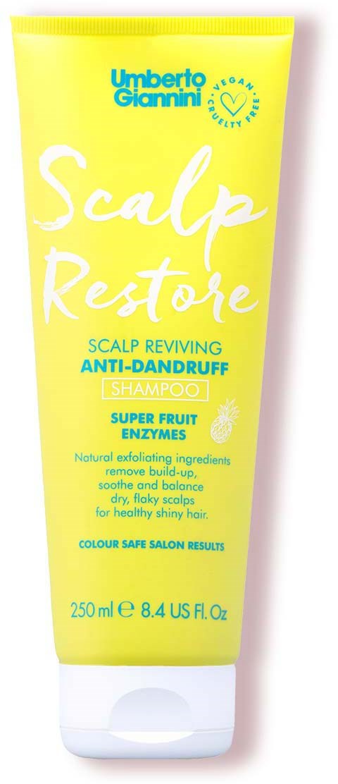Gelber Kopfbodenpflege-Tube mit weißem und blauem Text, fördert Anti-Schuppen-Shampoo und natürliche Inhaltsstoffe.