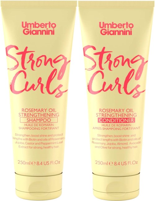 Two tubes of Strong Curls Rosemary Oil products: shampoo and conditioner, both in light yellow packaging with pink and orange text.