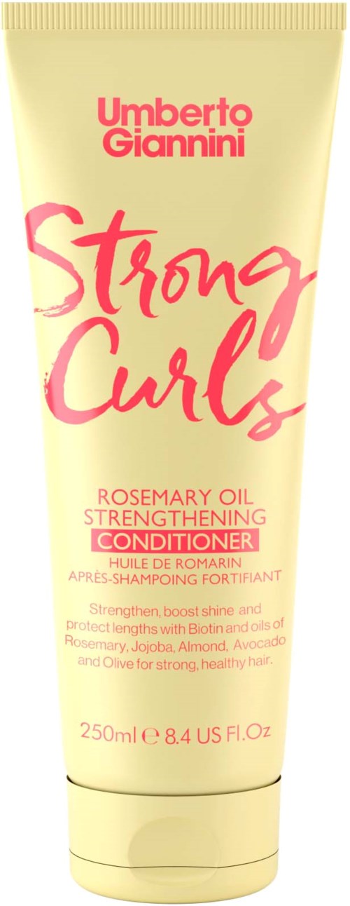 Eine Tube Umeto Giannini Strong Curls Rosemary Oil Strengthening Conditioner mit pinkem Text auf hellgelbem Hintergrund.