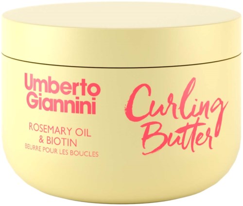En gul behållare med Umberto Giannini Curling Butter med rosa text, innehåller rosmarinolja och biotin.