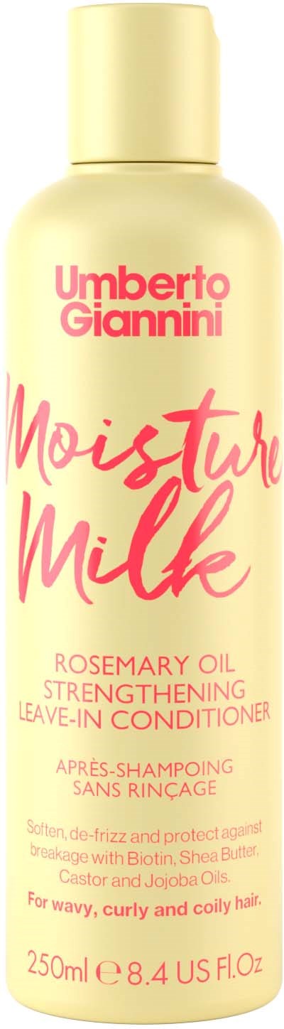 En flaska av Umberto Giannini Moisture Milk, rosmarinolja balsam, med gul kork och rosa text.