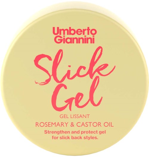 A round gel container with pink and red text, promoting a product called Slick Gel with rosemary and castor oil.