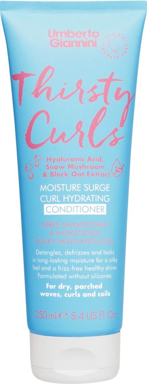 Sininen putkilopakkaus nimeltä 'Thirsty Curl' ja pinkki sekä valkoinen teksti, tarkoitettu kiharille hiuksille.