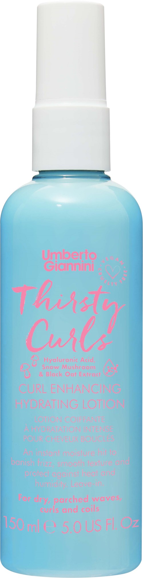 Vaaleansininen pullo, jossa on pinkki ja valkoinen teksti, nimeltä Thirsty Curls, on kosteuttava hoitoneste kiharoille.