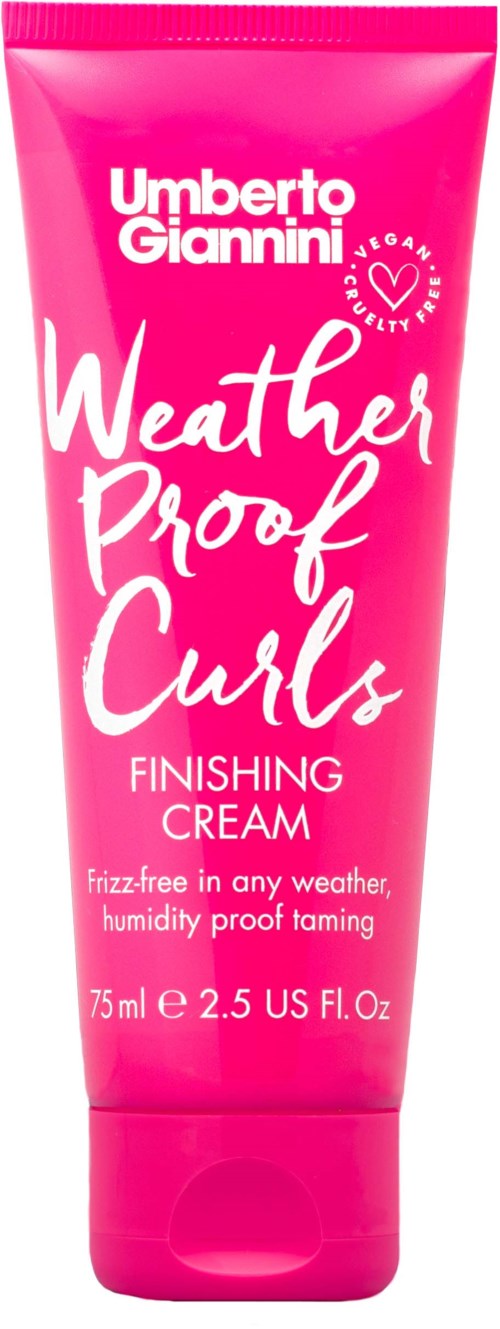 Vaaleanpunainen putkilon Umberto Giannini Weather Proof Curls viimeistelyvoide, tarkoitettu hallitsemaan pörröisyyttä säässä kuin säässä.