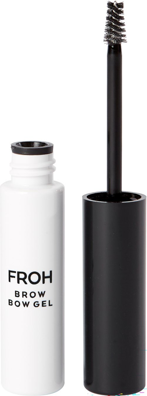 Eine weiße Flasche mit Brauengel neben einem offenen schwarzen Behälter mit Mascara-Bürste.