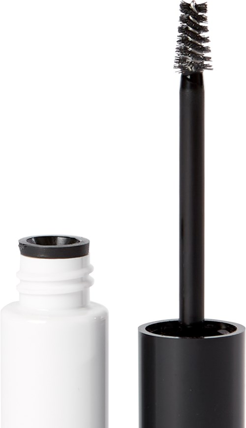 Wimperntuschebürste mit schwarzem Griff und weißer Flasche. Die Bürste ist über der Öffnung der Flasche. Klare und einfache Darstellung.