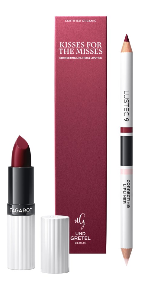Lippenstift, lippenkontur und eine Schachtel mit "Kisses for the Misses" auf rosa und schwarz.