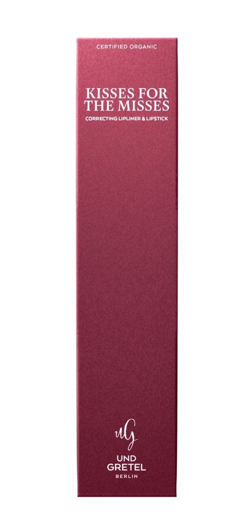 Lange rosa Box mit weißem Text über Lipgloss und Lippenstift. Marke unten.