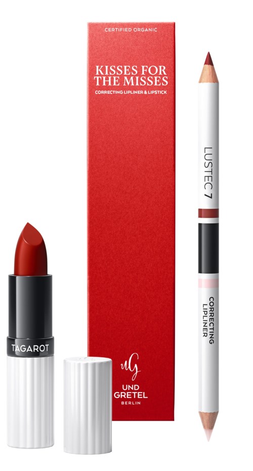 Ein roter Lippenstift, ein Lippenstiftstift und ein Lipglossset mit roter Verpackung und weißen Kappen.