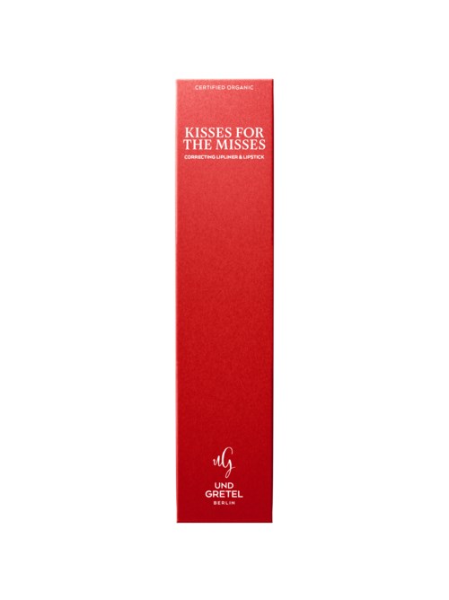 Ein hoher roter Karton mit weißen Text über Bio-Lippenbalsam, genannt "Kisses for the Misses". Logo unten.
