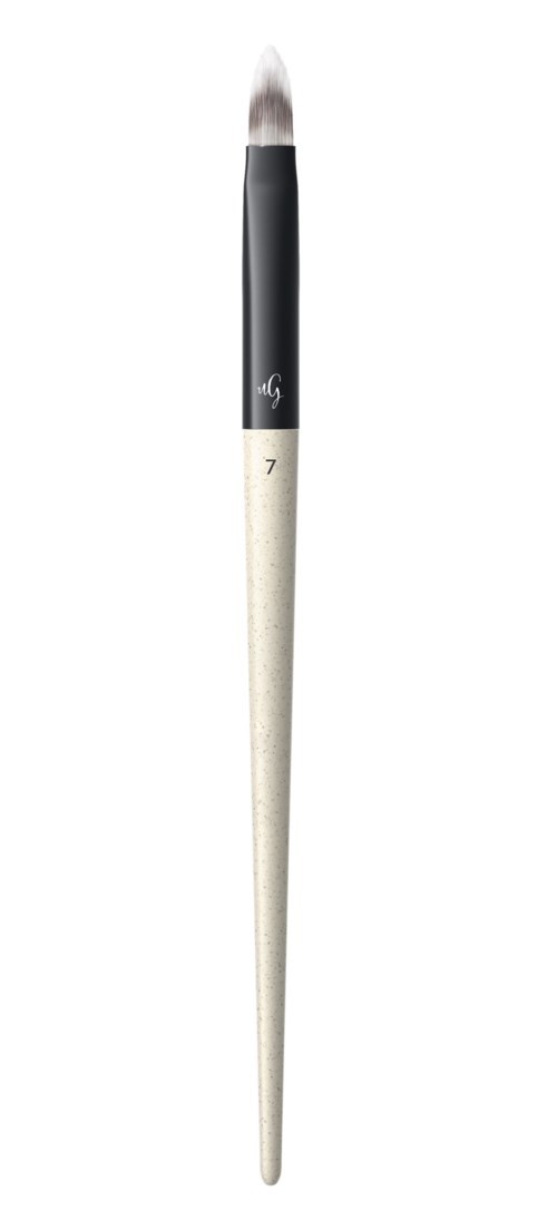 Ein Künstlerpinsel mit schwarzem Griff, beige Mittelstück und weißer Spitze für Details.