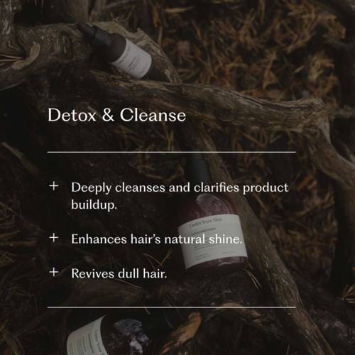 Tekst beschrijft de voordelen van detox- en reinigingsproducten, zoals het verwijderen van ophoping, verbeteren van glans en verfrissen dof haar.
