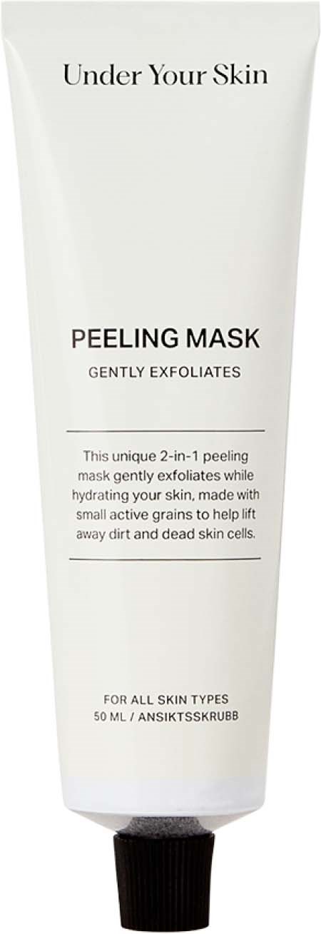 Een witte tube met 'Peeling Mask' van Under Your Skin en een zwarte dop.